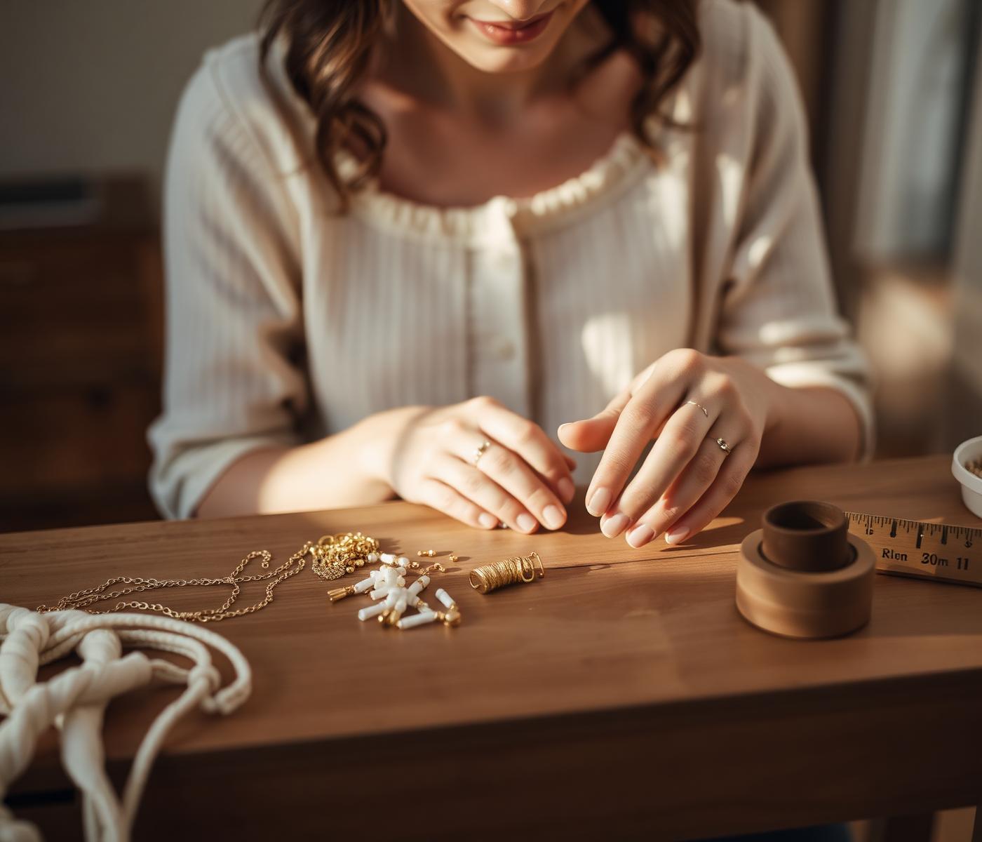Anna maakt sieraden aan haar werktafel