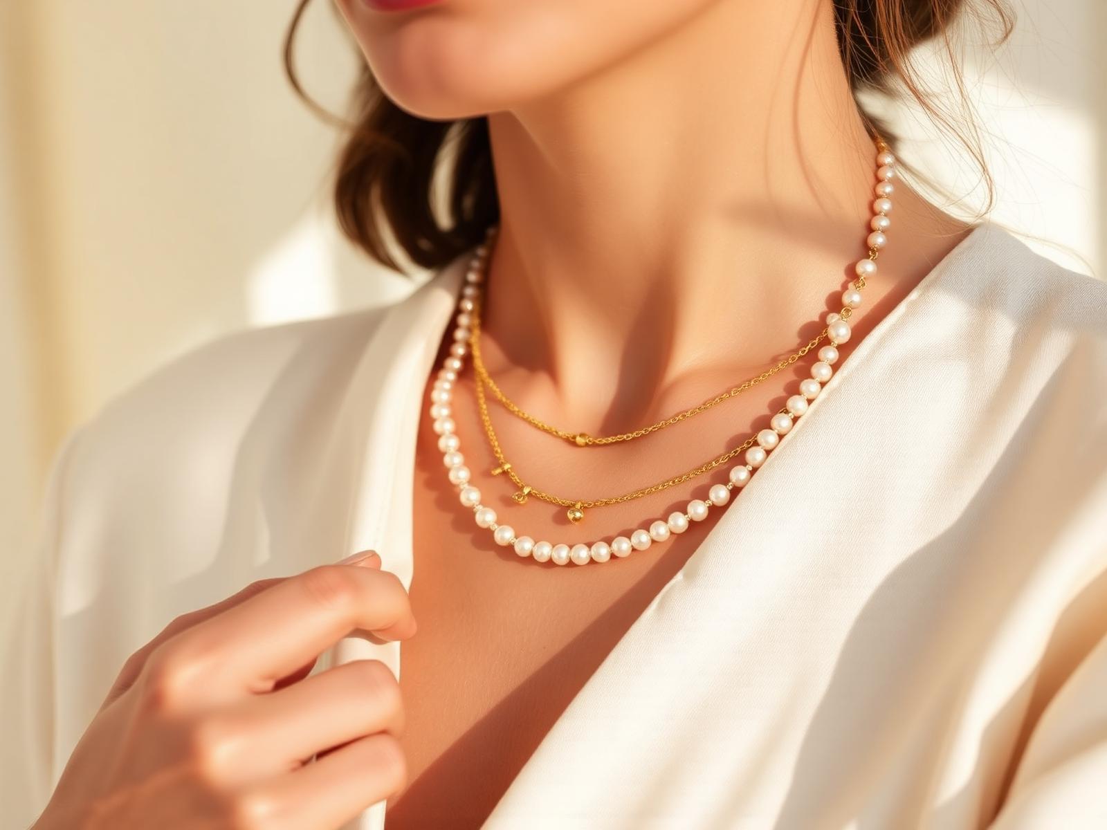 Vrouw draagt handgemaakte kettingen van By Anna Jewelry